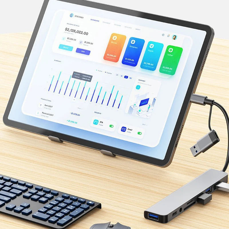 8-in-2 USB + USB-C Hub Docking Station — SD Card, 3.5mm Audio, USB 3.0