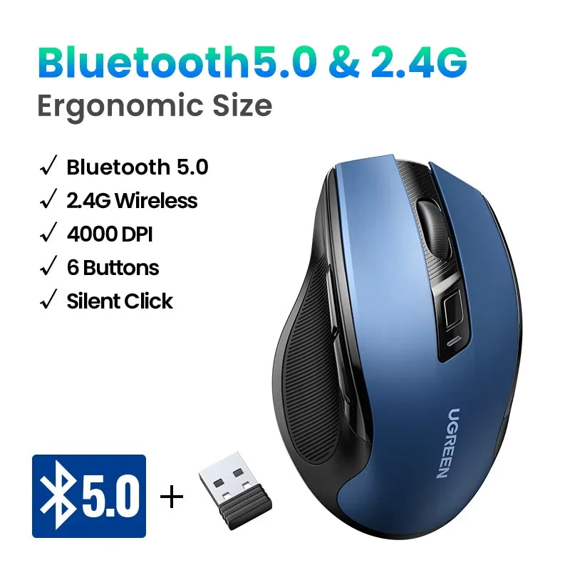 UGREEN Wireless Mouse – Bluetooth 5.0 & 2.4G, Silent, 4000 DPI