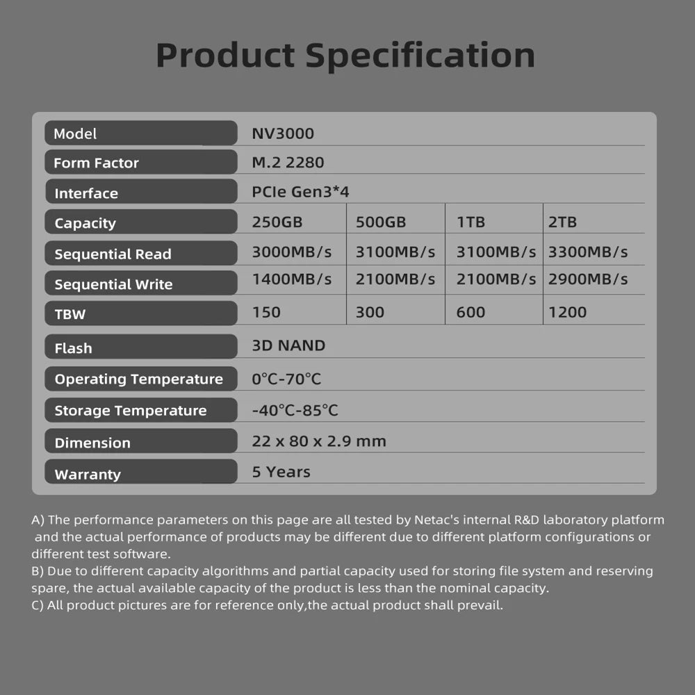 Netac NVMe SSD M.2 2280 — PCIe 3.0 Internal Solid State Drive (NV3000)