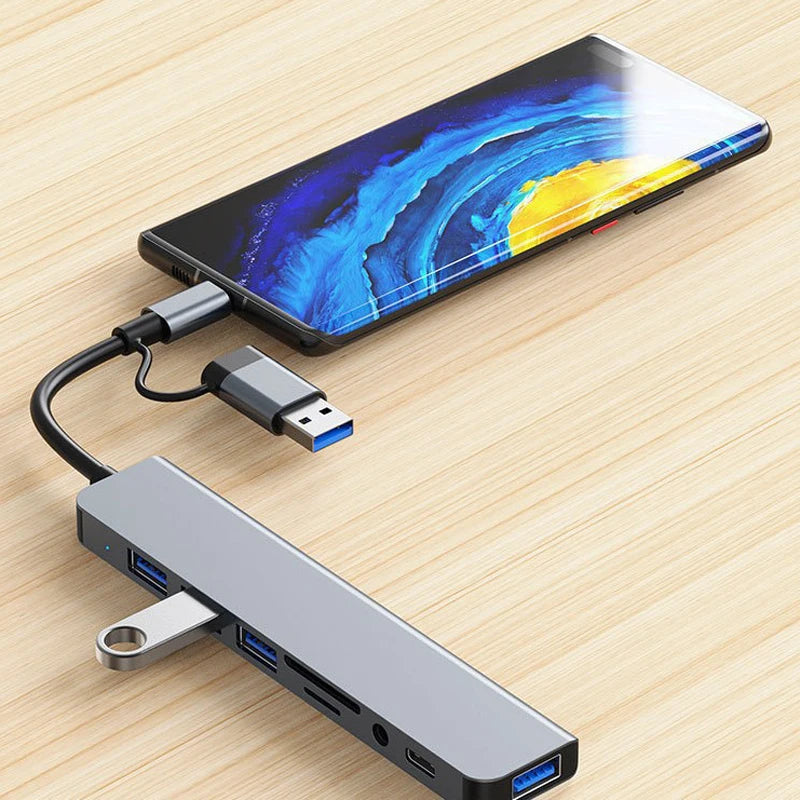 8-in-2 USB + USB-C Hub Docking Station — SD Card, 3.5mm Audio, USB 3.0