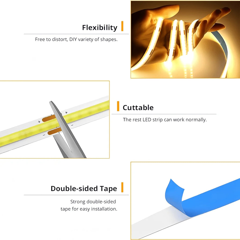 COB LED Light Strip — USB 5V, Touch Dimmer, Indoor Ambient Lighting