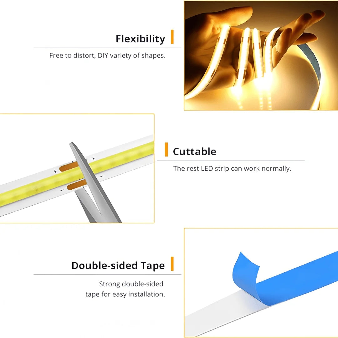 COB LED Light Strip — USB 5V, Touch Dimmer, Indoor Ambient Lighting
