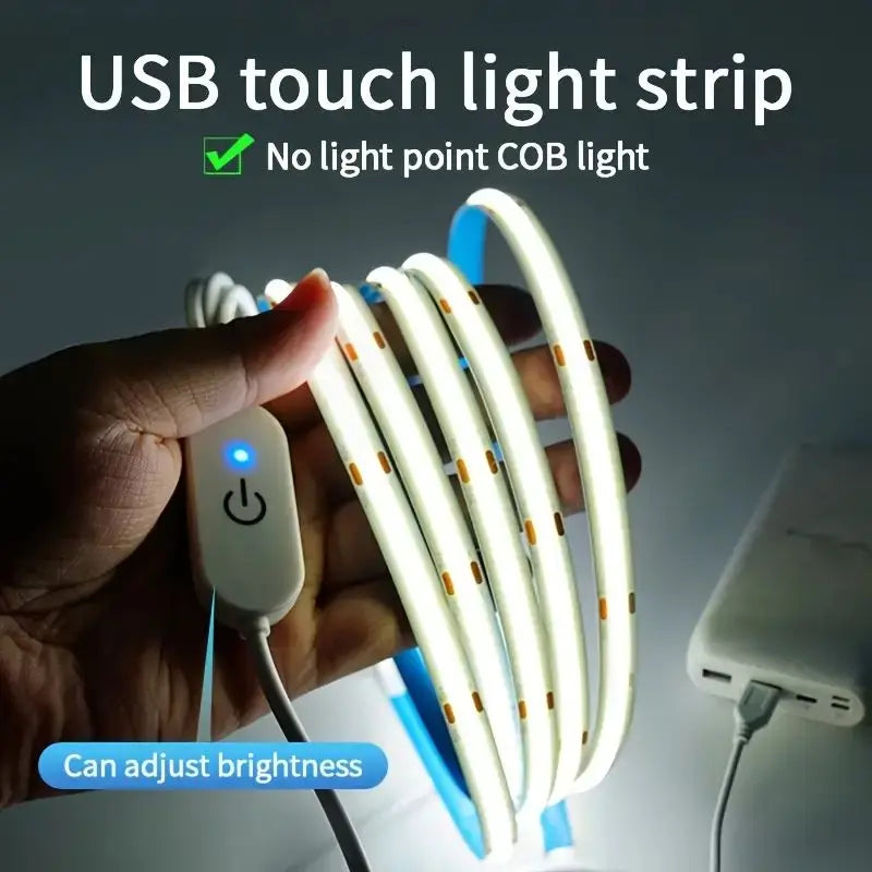COB LED Light Strip — USB 5V, Touch Dimmer, Indoor Ambient Lighting