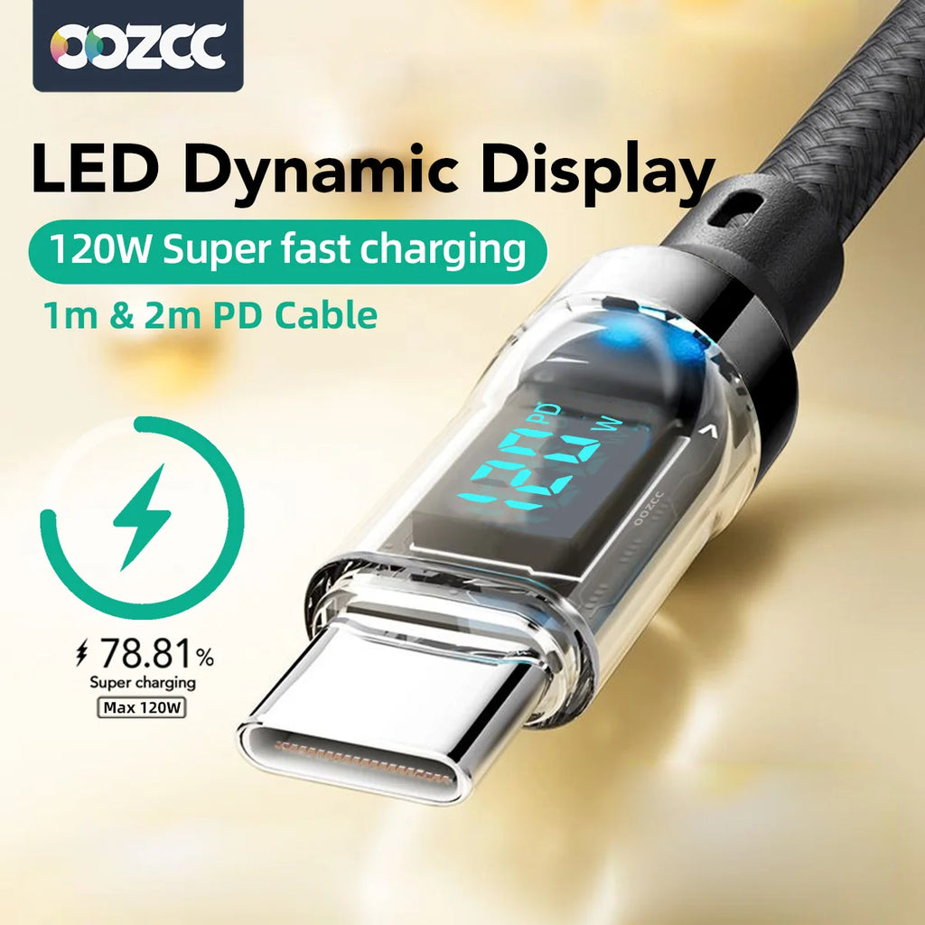Fast Charging Cable with LCD Watt Display — Up to 120W, USB-C & Lightning