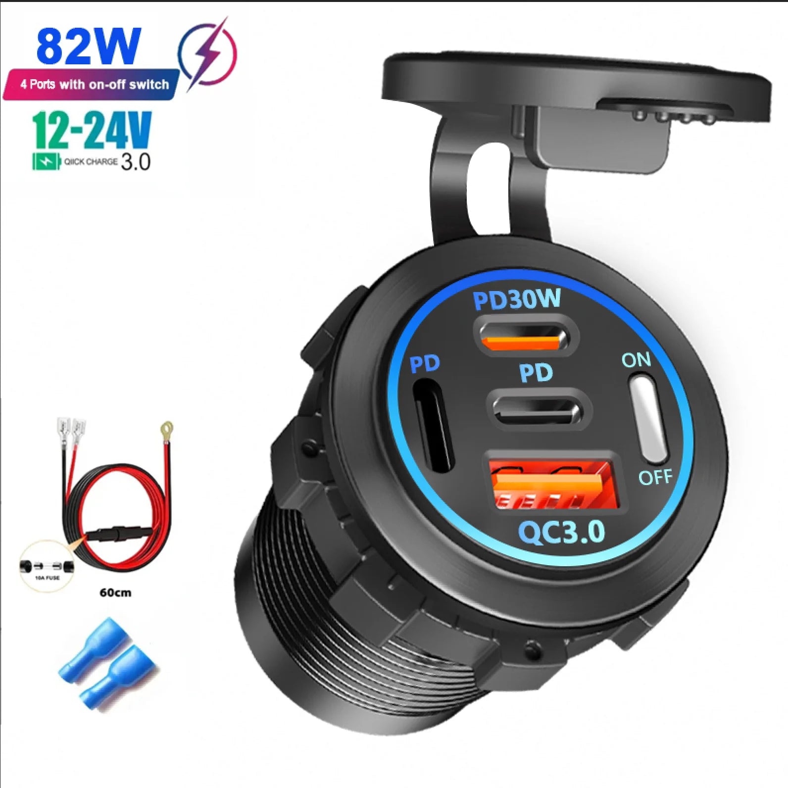 Prise chargeur de voiture — 4 ports de charge rapide 12 V/24 V