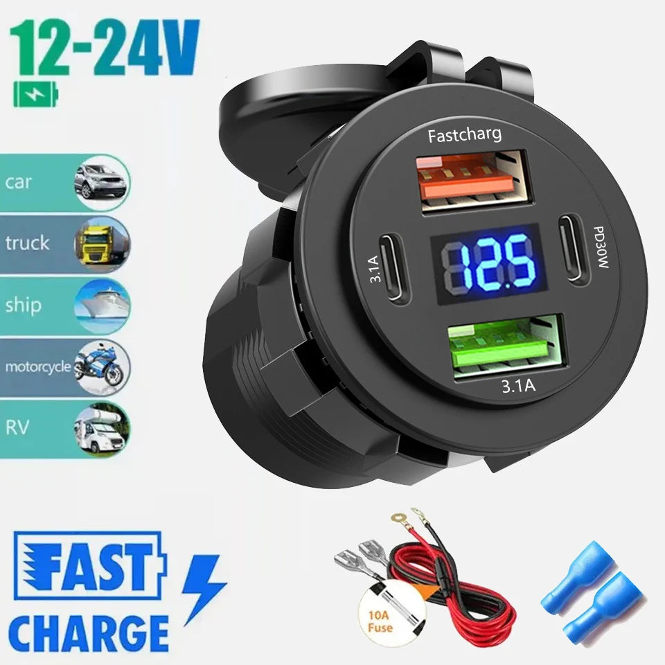 Prise chargeur de voiture — 4 ports de charge rapide 12 V/24 V