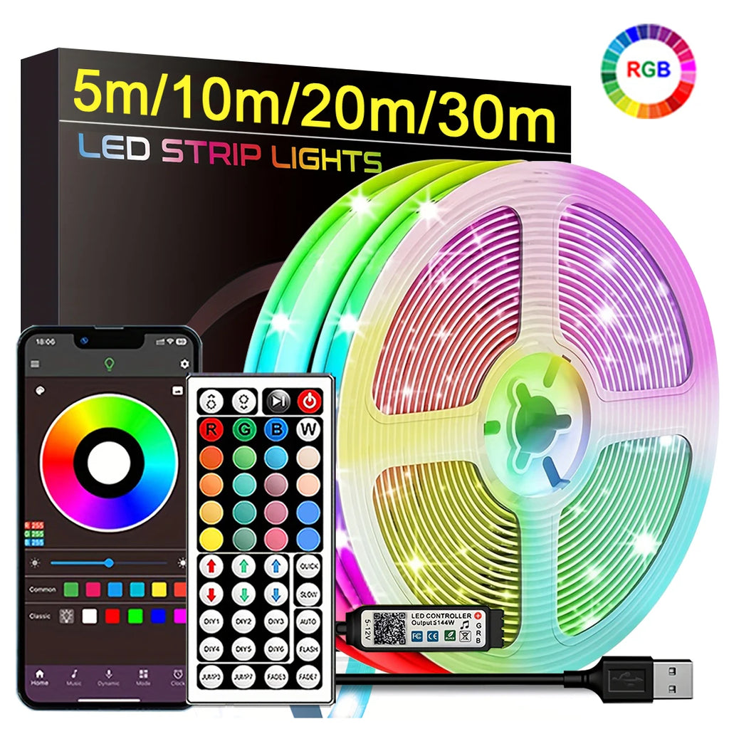 RGB LED Strip Lights — USB 5V, App or IR Remote Control, up to 30m