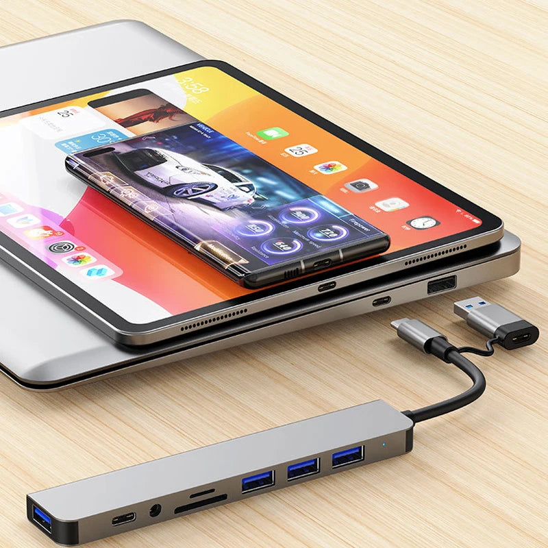 8-in-2 USB + USB-C Hub Docking Station — SD Card, 3.5mm Audio, USB 3.0