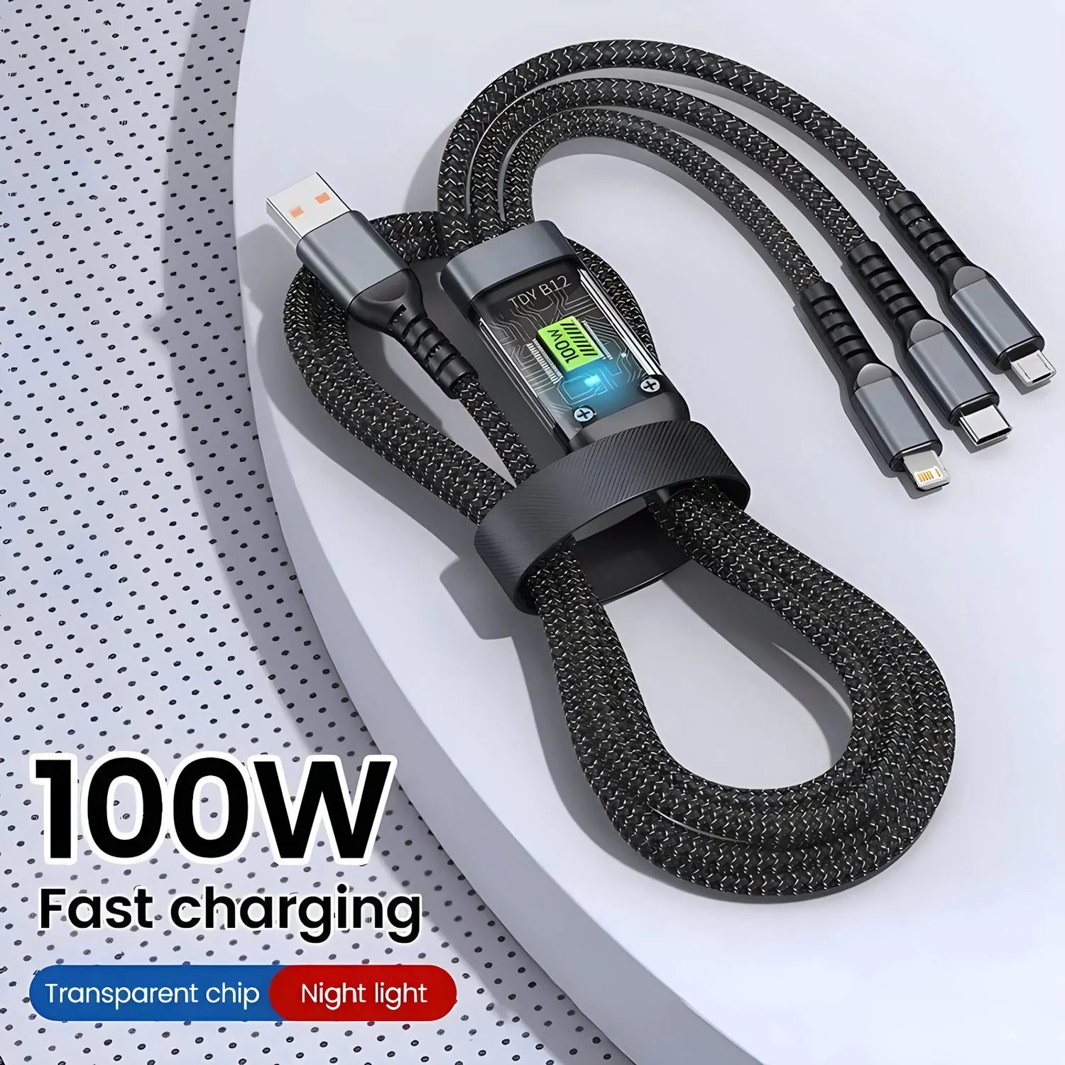 3-in-1 Fast Charging Cable — 100W, USB-C + Lightning + Micro USB