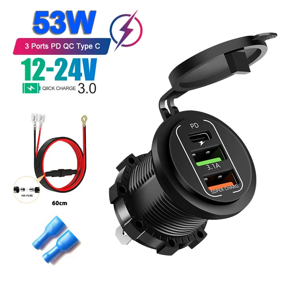 Prise chargeur de voiture — 4 ports de charge rapide 12 V/24 V