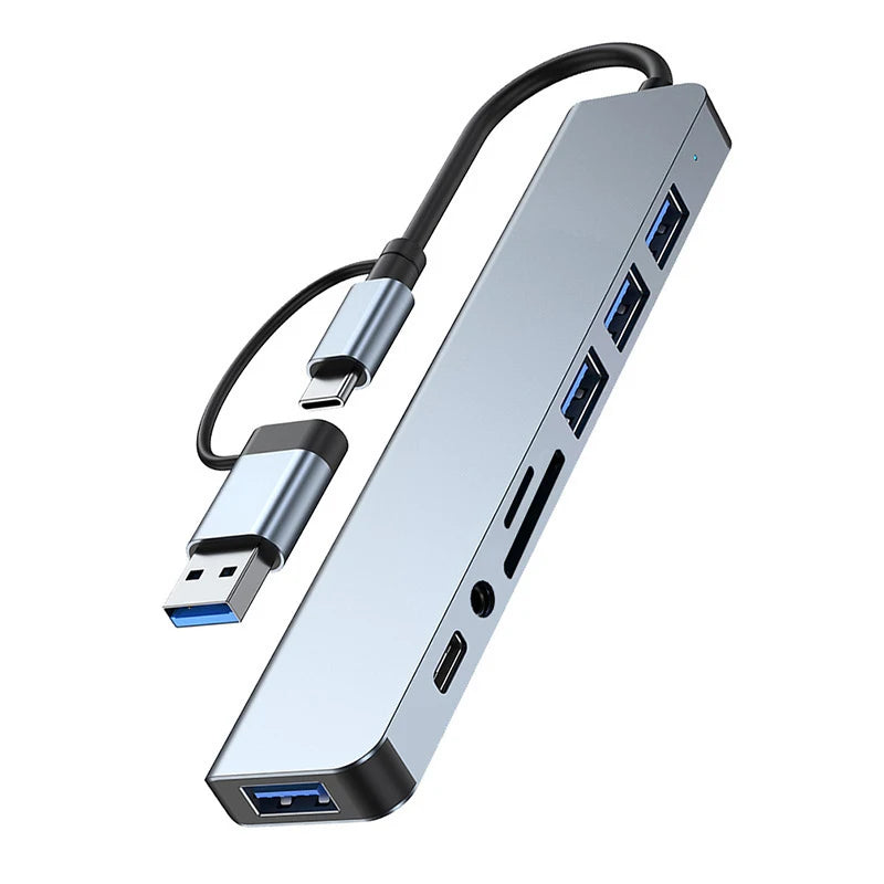 8-in-2 USB + USB-C Hub Docking Station — SD Card, 3.5mm Audio, USB 3.0