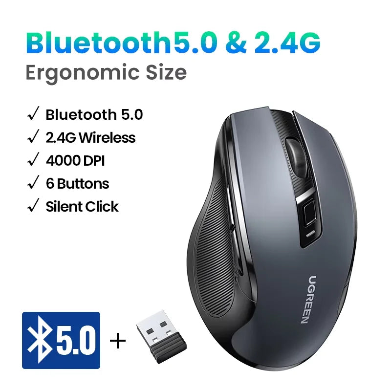 UGREEN Wireless Mouse – Bluetooth 5.0 & 2.4G, Silent, 4000 DPI