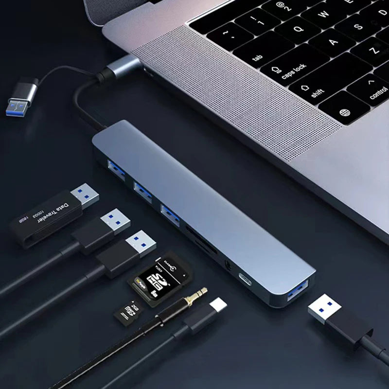 8-in-2 USB + USB-C Hub Docking Station — SD Card, 3.5mm Audio, USB 3.0