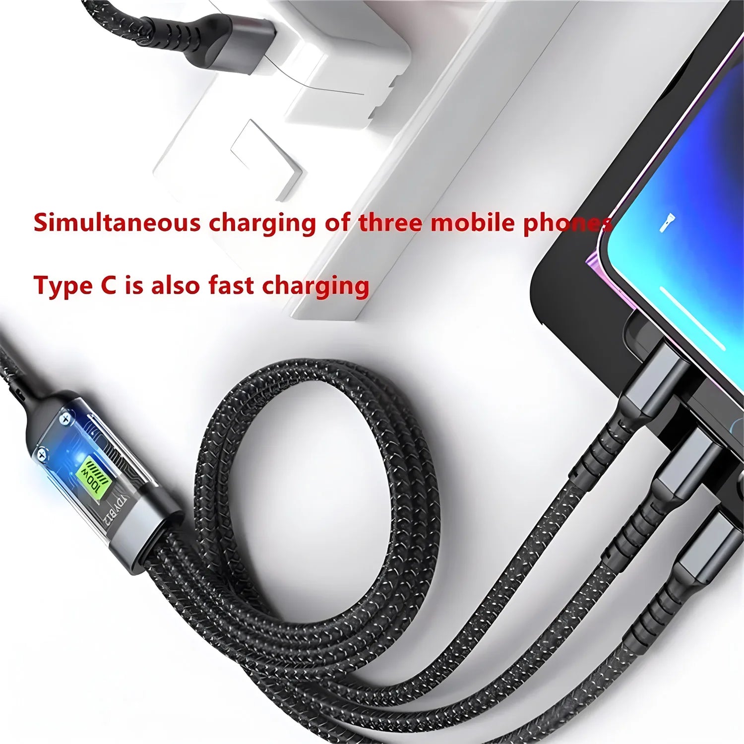 3-in-1 Fast Charging Cable — 100W, USB-C + Lightning + Micro USB