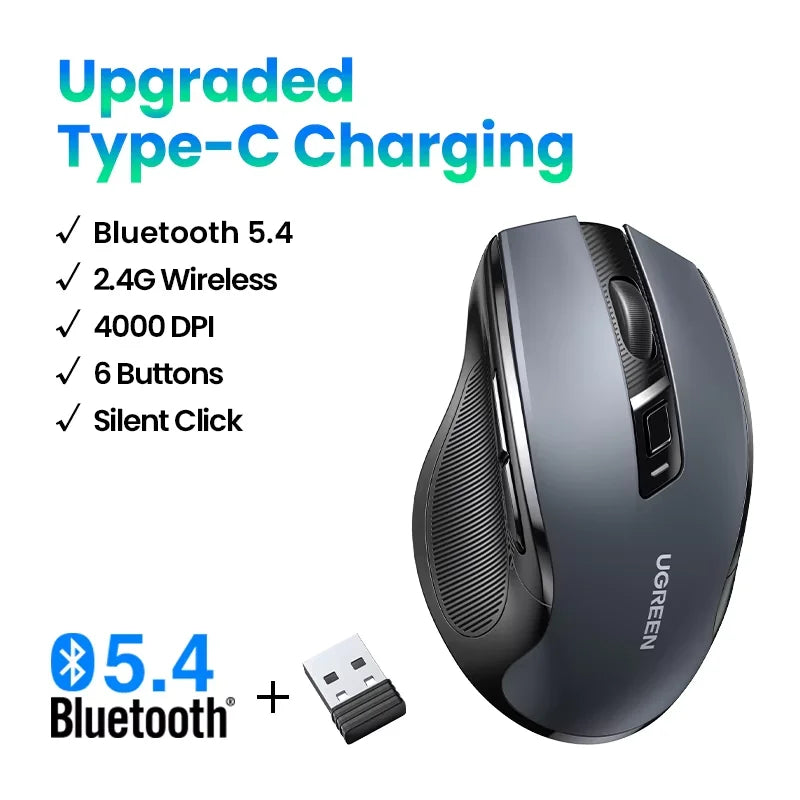 UGREEN Wireless Mouse – Bluetooth 5.0 & 2.4G, Silent, 4000 DPI