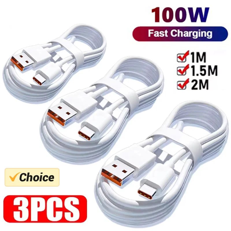 100W USB-C Fast Charging Cable Pack — 6A, TPE Braided (2 or 3 Pack)