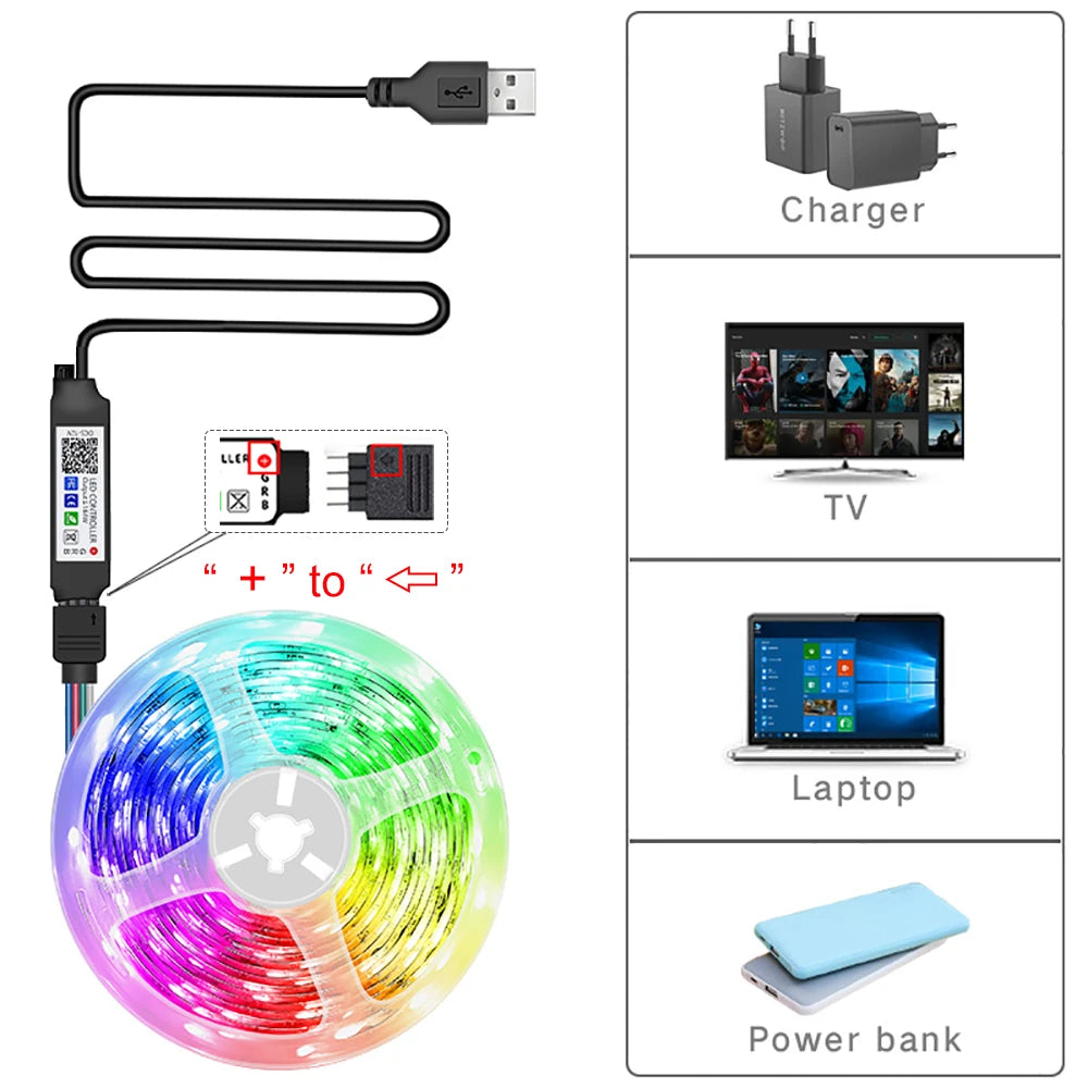 RGB LED Strip Lights — USB 5V, App or IR Remote Control, up to 30m