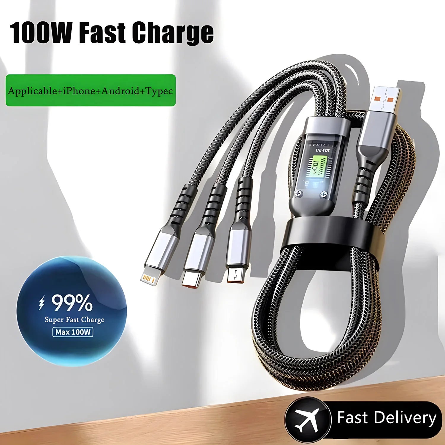 3-in-1 Fast Charging Cable — 100W, USB-C + Lightning + Micro USB