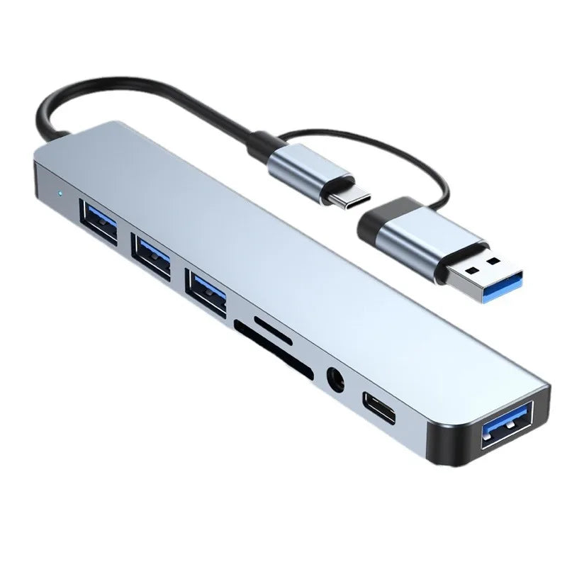 8-in-2 USB + USB-C Hub Docking Station — SD Card, 3.5mm Audio, USB 3.0