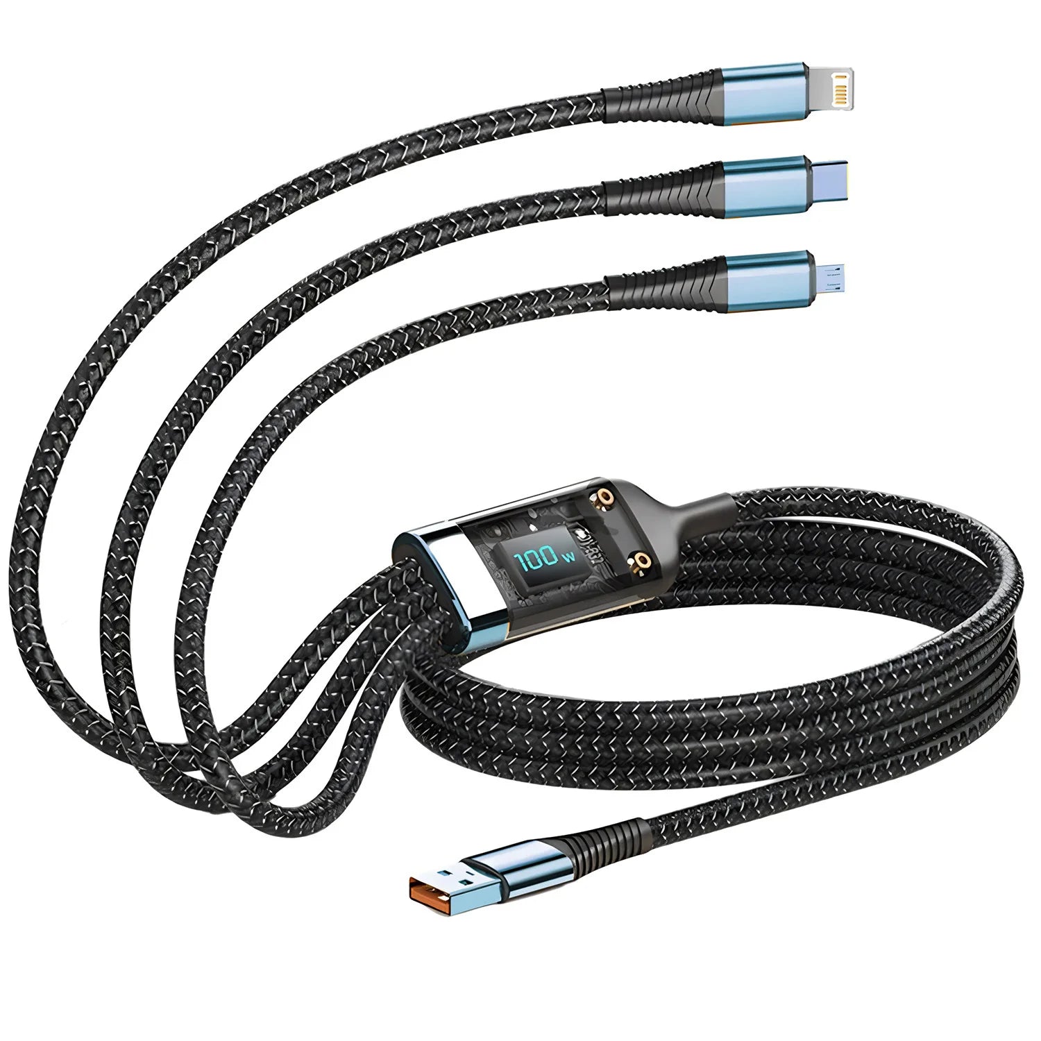 3-in-1 Fast Charging Cable — 100W, USB-C + Lightning + Micro USB