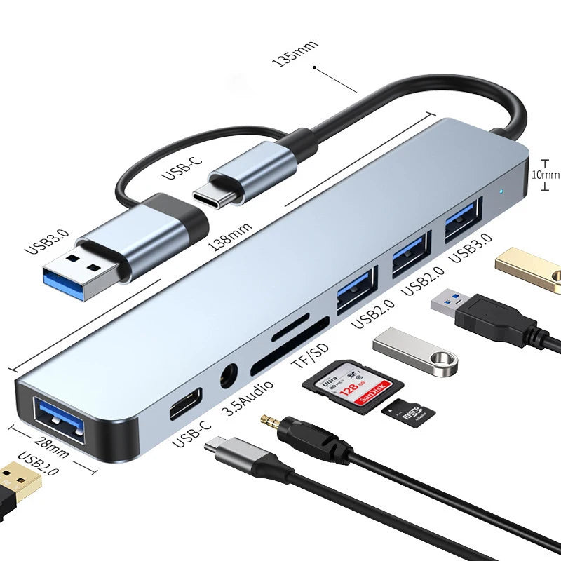 8-in-2 USB + USB-C Hub Docking Station — SD Card, 3.5mm Audio, USB 3.0