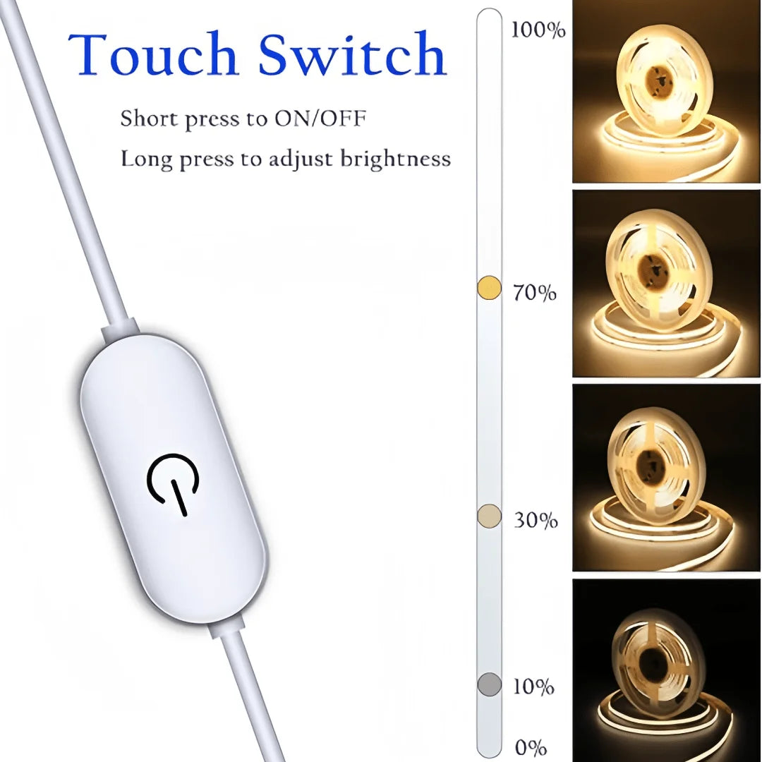 COB LED Light Strip — USB 5V, Touch Dimmer, Indoor Ambient Lighting